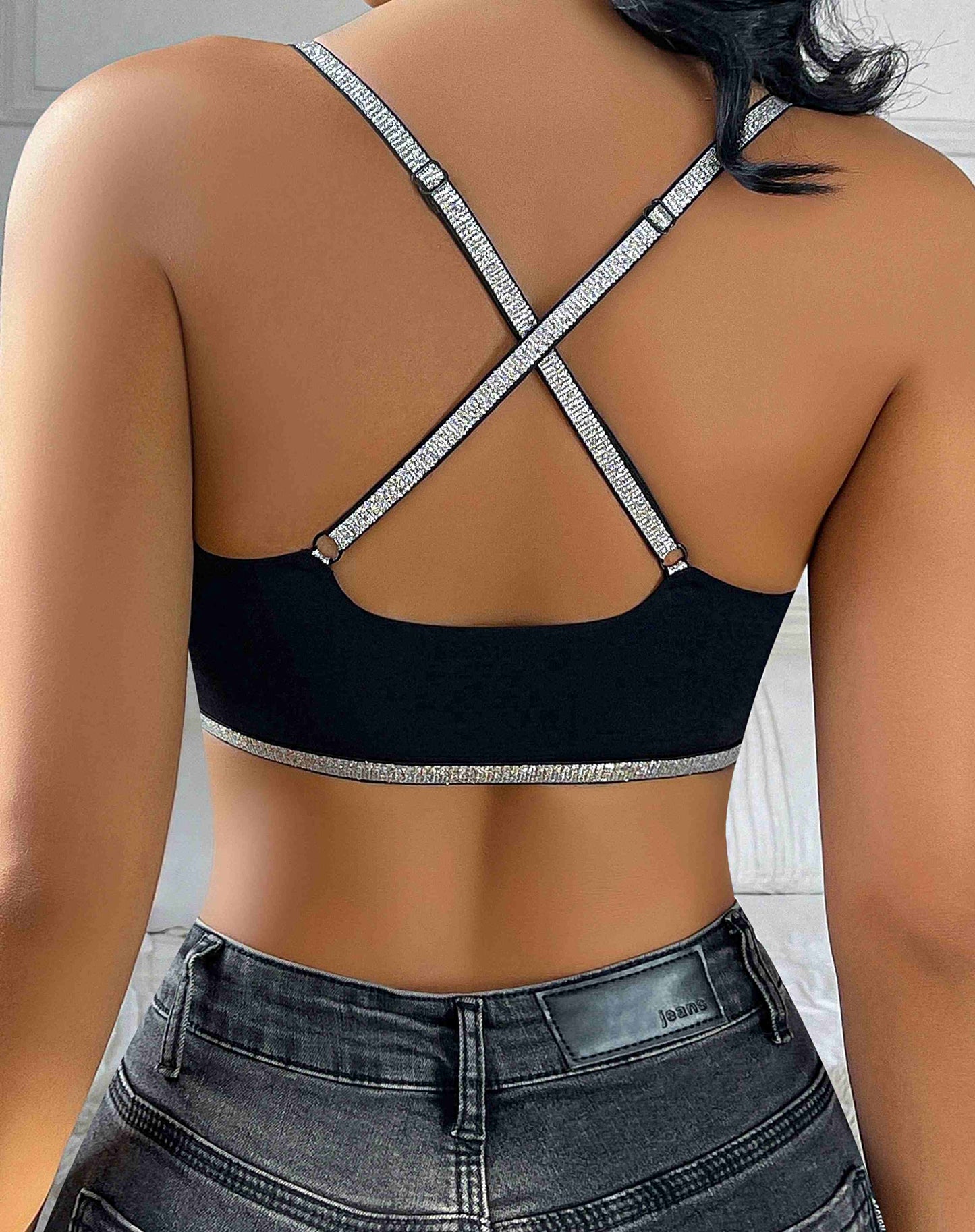 Women's size black adhesive glittery strap bra