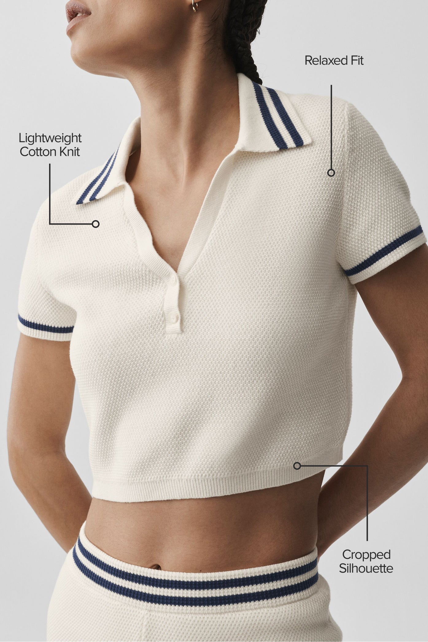 Tennis Club Sweater Knit Cropped Polo - Ivory/Navy