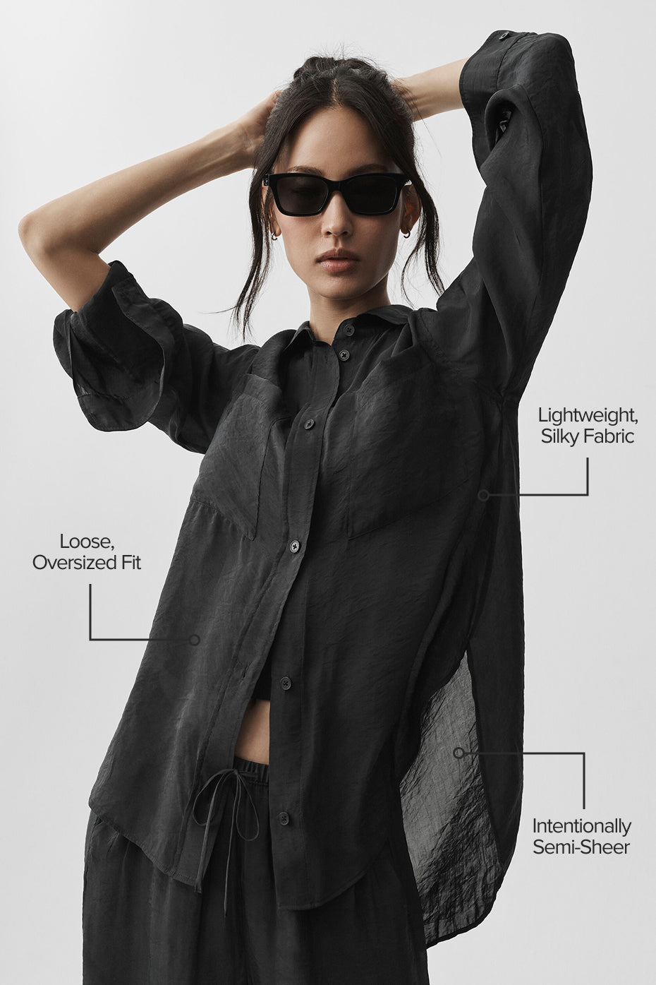 Semi-Sheer Golden Hour Button Down Long Sleeve - Black