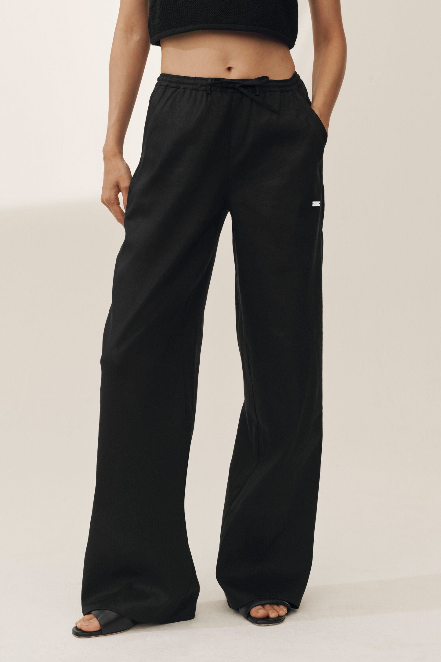 Linen Blend Riviera Wide Leg Pant - Black